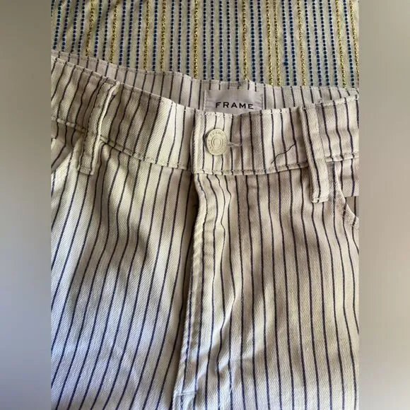 FRAME Le Palazzo Crop High-Rise Striped Wide-Leg Womens Jean White Blue Raw 29 - Picture 9 of 15